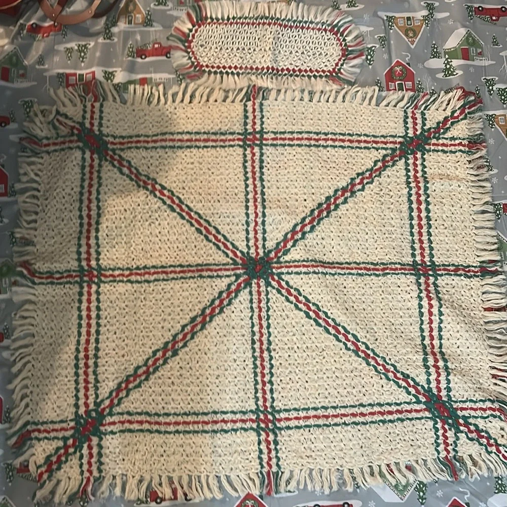 Festive Holiday Decor Tablecloth + matching doily 3 Xmas stockings + hand towel